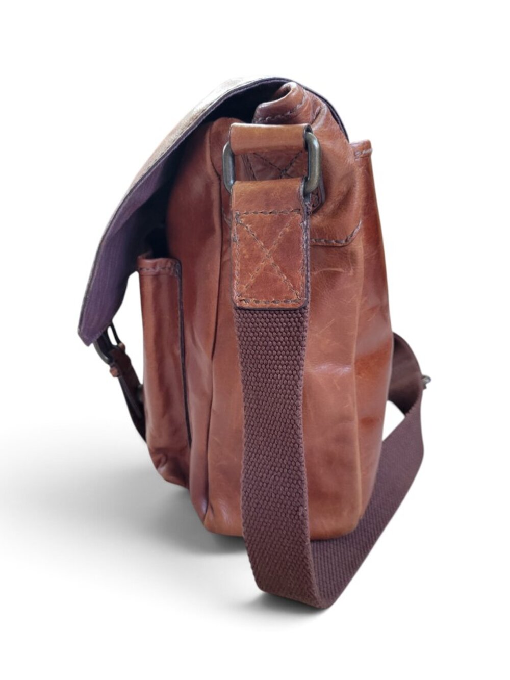 Fossil Cognac Brown Leather Messenger Bag with Adjustable Strap and Pockets - Picture 3 of 16